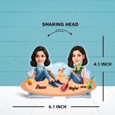 Personalized Best Friends with Dog Bobblehead Caricature Gift for Sisters, Besties & Pet Lovers Tabletop Desk Decor Gift for Birthday & Friendship Day Battery Powered Moving Head